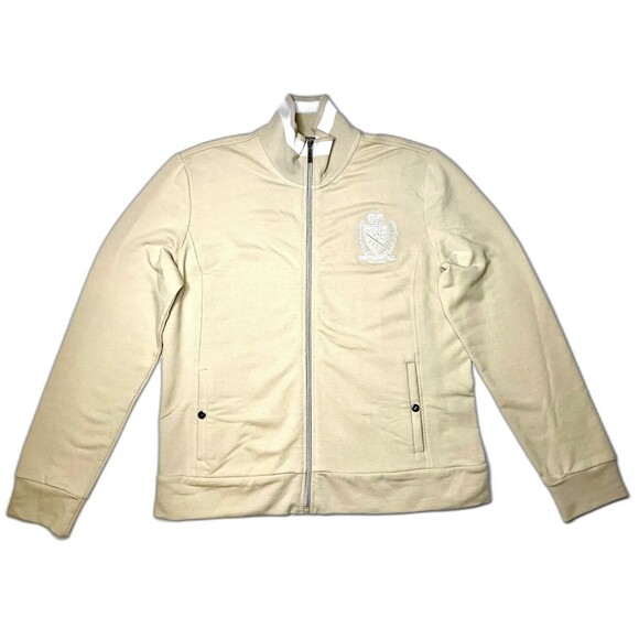 Ralph Lauren Womens Jacket L L-RL Track Athletic Crest Varsity Beige Preppy Y2K - Picture 1 of 12
